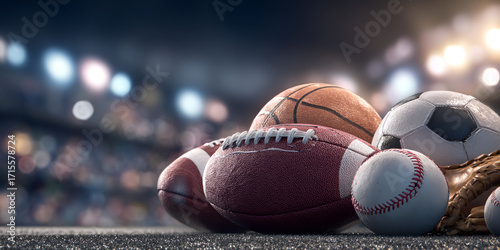 Collection of various sports balls in stadium lights