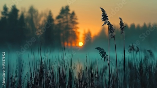 Misty sunrise over a tranquil marsh.