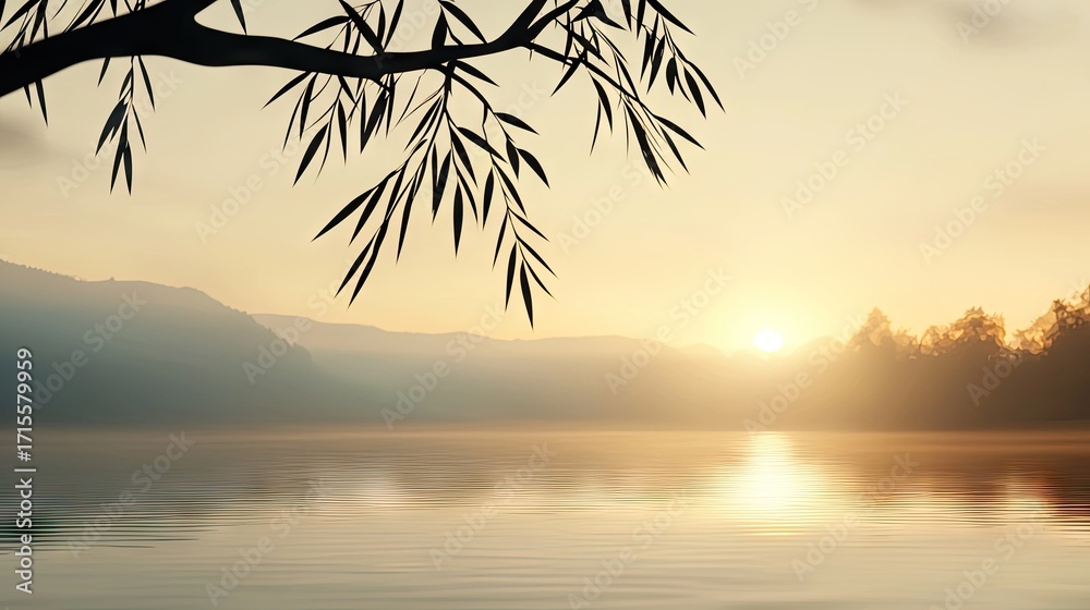 Obraz premium Tranquil sunrise over a serene lake with willow branches.