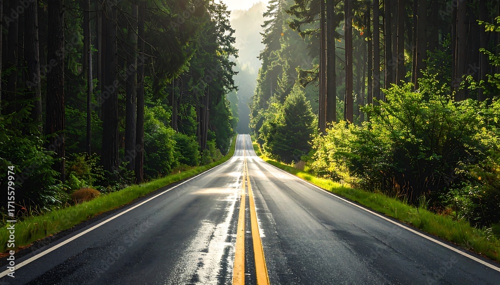 Fototapeta premium Sunlit Forest Road Extends Into the Distance