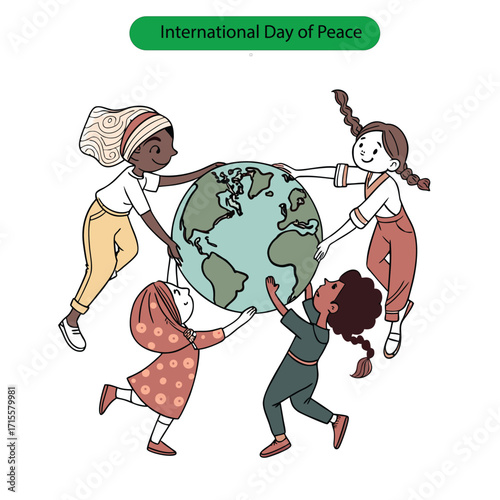 Vector diverse group of children holding the earth together, celebrating international day of peace with joy and unity, isolated on white background