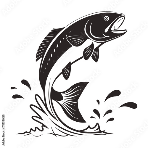 Vector dynamic black and white leaping fish with water splashes, isolated on white background