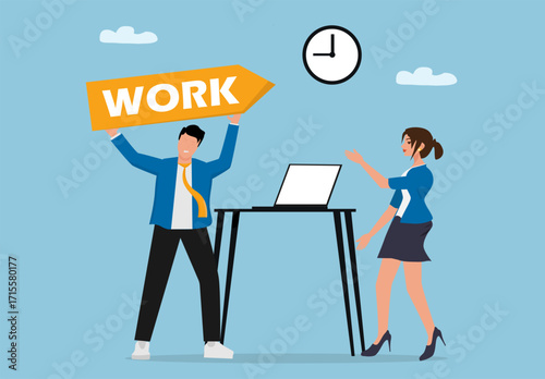 Flat Design Business Teamwork Illustration with Office People Working Together on Laptop