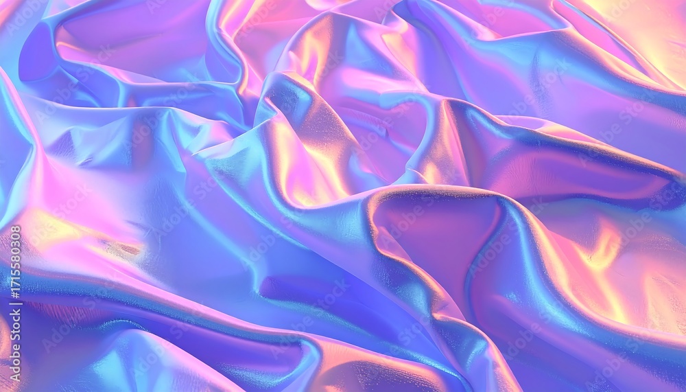 Obraz premium A vibrant display of iridescent fabric, draped in soft, pastel hues of purple, pink, and blue.