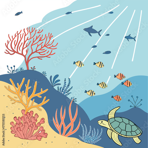 Undersea Paradise: A vibrant illustration unveils an underwater scene, with coral, sea creatures, and rays of light, inviting the viewer into a serene marine world.