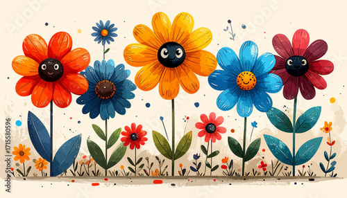 Cartoon Flowers with Faces A Cheerful Floral Composition