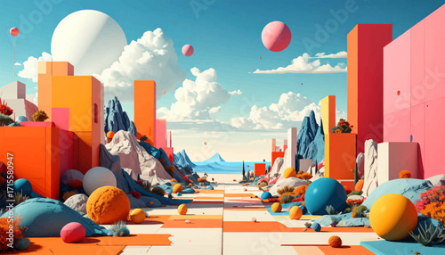 Abstract surreal landscape with geometric shapes and vibrant colors under a cloudy sky