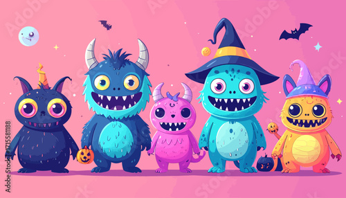 A delightful lineup of cute, colorful cartoon monsters celebrating a happy Halloween together