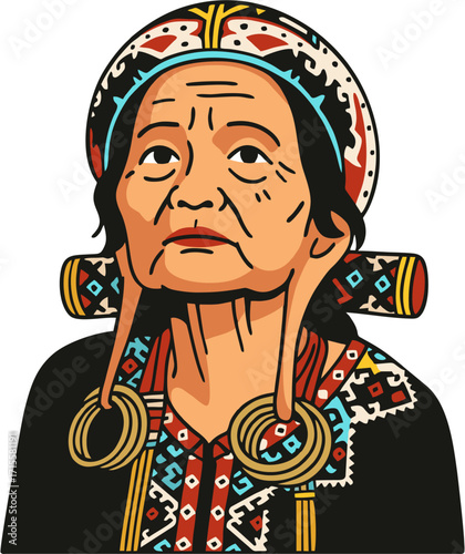 Colorful Illustration of an Elderly Dayak Woman with Traditional Borneo Ornament