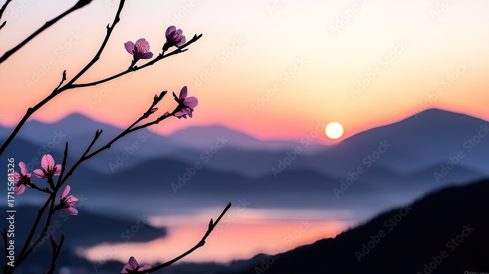 Obraz premium A serene sunrise over misty mountains, with delicate blossoms.