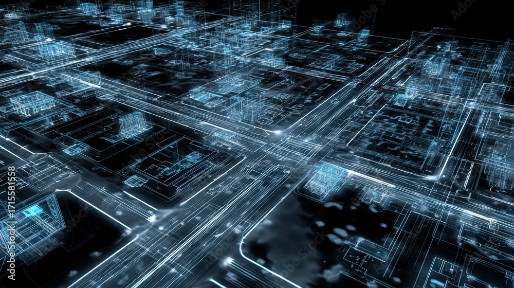 Obraz premium A futuristic digital city grid with glowing blue lines shows an abstract aerial view of buildings, streets, and urban infrastructure.