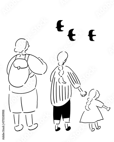 後ろ姿の家族_手描きイラスト_線画｜Family from Behind