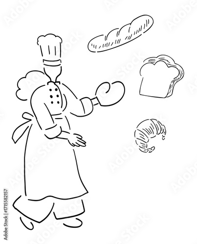 ベーカリーのシェフ_手描きイラスト_線画｜Baker