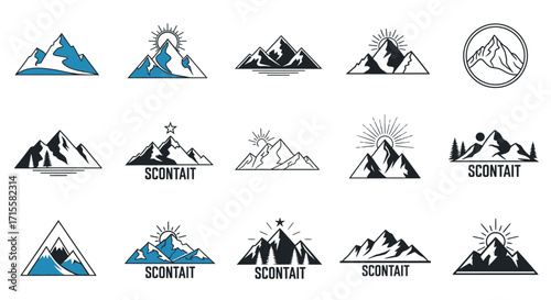 Mountain Icons Collection Vector Graphic Minimalist Peak Sun Star Tree Adventure Landscape