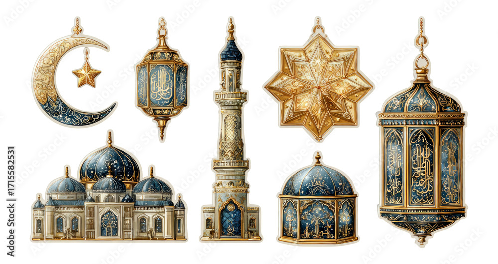 Obraz premium Decorative Islamic Elements Featuring Moon, Star, Lantern, and Mosque Designs