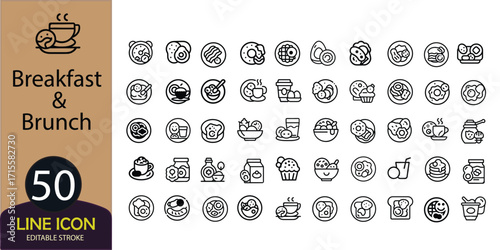 Vector set of 50 line icons for breakfast and brunch, featuring food and drink items, isolated on white background