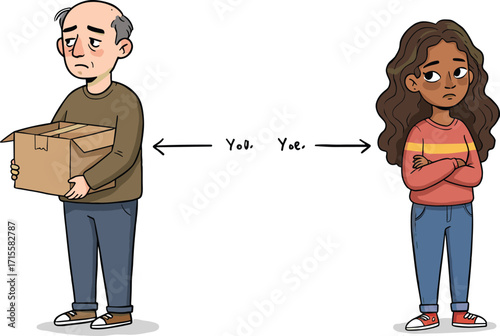 Conflict, disagreement, emotional distance, sad man, serious woman, relationship problem, breakup, mutual blame, communication gap, cartoon illustration