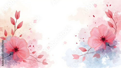 Watercolor Flower Illustration with Pink Blossoms and Leaves
