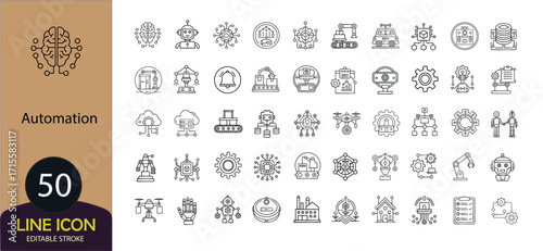 Vector set of automation line icons, depicting industrial processes, robotics, and efficiency, isolated on white background
