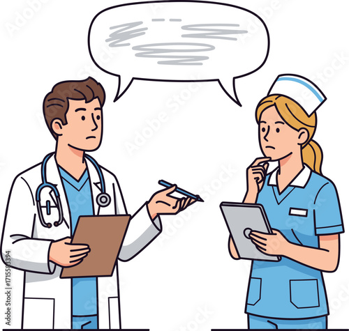 Medical doctor and nurse discussing patient care, healthcare teamwork, hospital communication, professional consultation, clinical collaboration, diagnosis planning,