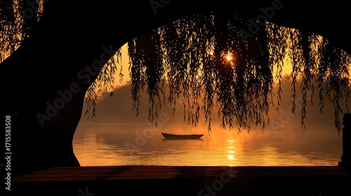 A solitary boat floats on a misty lake at sunrise, sheltered by willow branches.