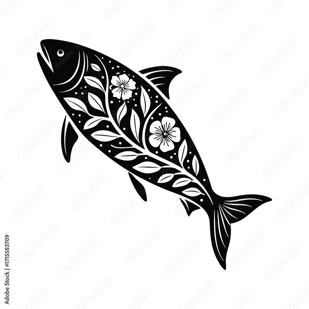 Naklejka premium Vector stylized black silhouette of a fish with floral patterns, isolated on white background