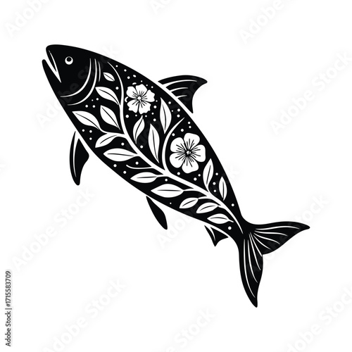 Vector stylized black silhouette of a fish with floral patterns, isolated on white background