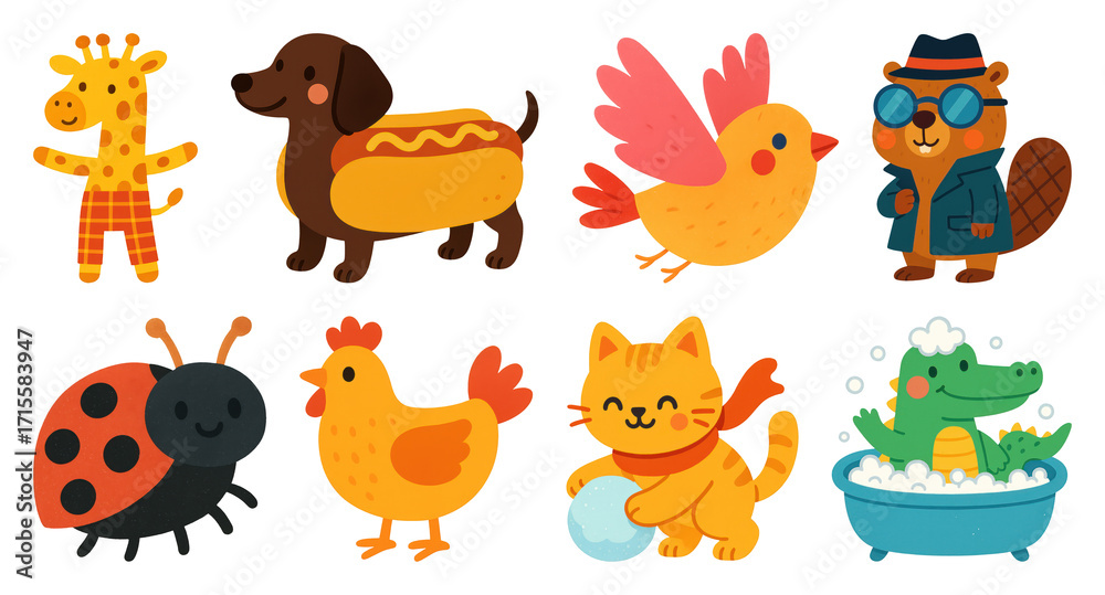 Obraz premium PNG Colorful cartoon animal illustrations, element set on transparent background