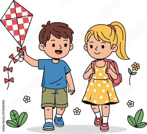 Cartoon children walking outdoors with kite, happy boy and girl, playful park scene, spring nature background, cheerful childhood friendship illustration
