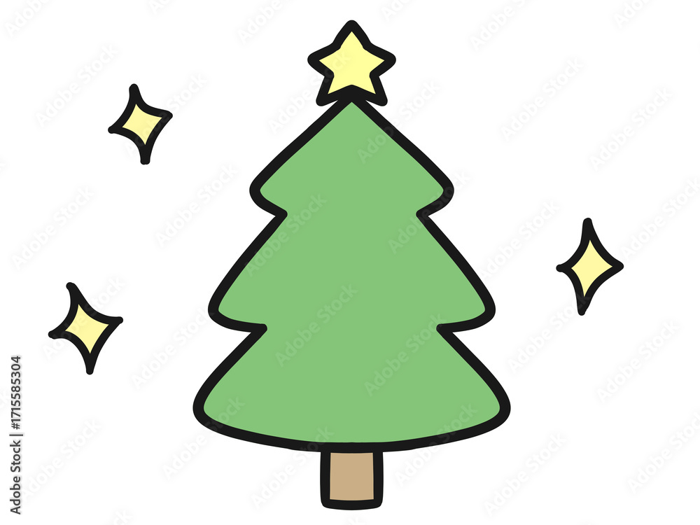 Obraz premium キラキラエフェクトとクリスマスの星付きモミの木のイラスト
