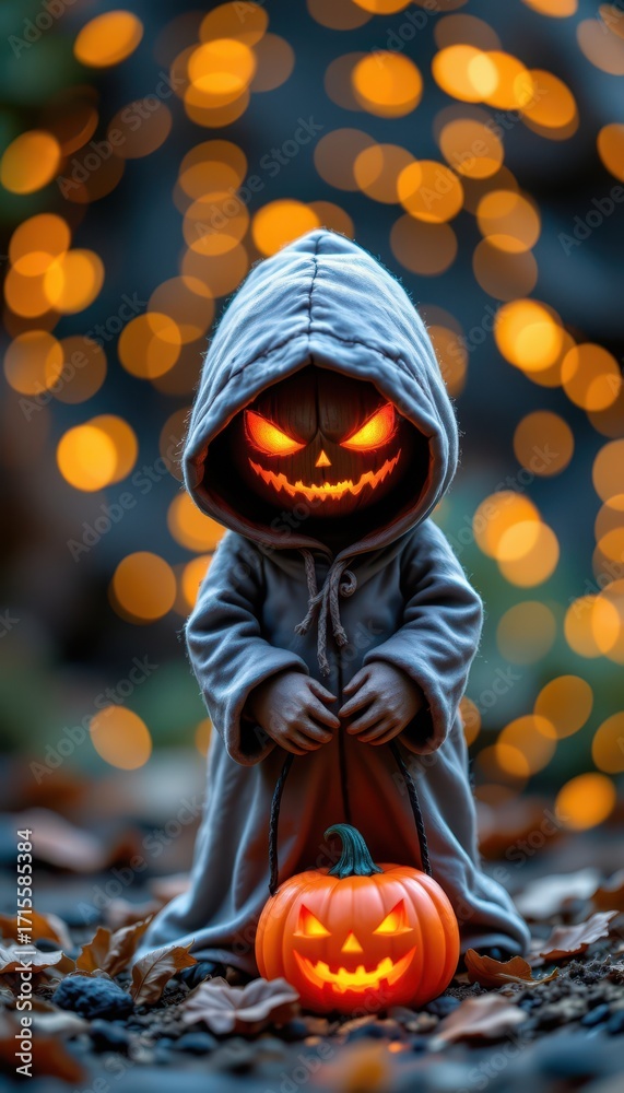 Naklejka premium A mysterious hooded figure with glowing red eyes carries an evil jack-o-lantern, surrounded by warm bokeh lights and autumn leaves, evoking the spooky yet festive spirit of Halloween.