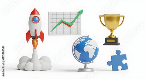 3D Render Icon Set: Rocket Launch, Growth Chart, Trophy, Globe, Puzzle