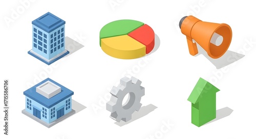 Isometric Business and Finance Icon Set: Building, Pie Chart, Megaphone, Gear, Arrow