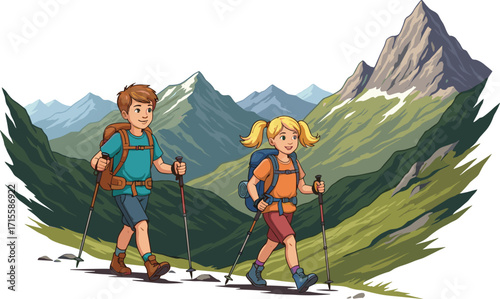 Two children hiking in scenic mountain landscape, adventure travel, outdoor exploration, summer vacation, nature trail, healthy lifestyle, family activity, exploration journey