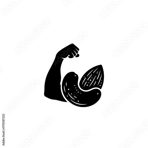 Black and white muscle peanut icon vector illustration. This simple yet powerful graphic depicts a peanut with strong, flexing arm muscles, symbolizing the high protein content and health benefits 