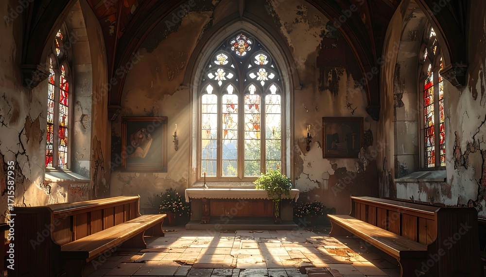 Fototapeta premium A sunlit interior of a dilapidated gothic chapel, showcasing stained glass windows and aged wooden pews.