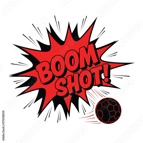 Red boom shot comic burst with ball and motion lines on white backdrop design