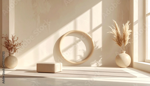 Pilates ring and yoga block styled in a quiet studio with soft beige tones