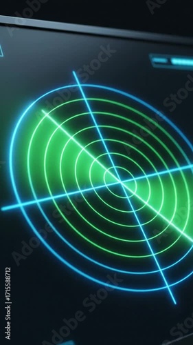 Smooth looping animation of a digital radar screen with rotating crosshairs and concentric green and blue circles