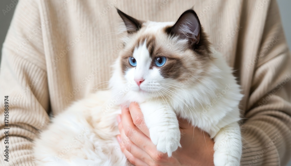 Gentle cat cuddling indoor home setting pet photography cozy environment close-up view feline companionship