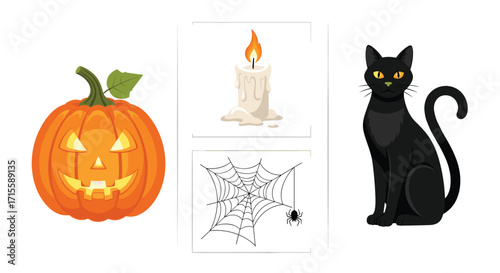 Spooky Halloween Vibes! Jack-o'-lantern black cat candle and spiderweb create a festive and fun atmosphere for your creative projects, Generative AI.