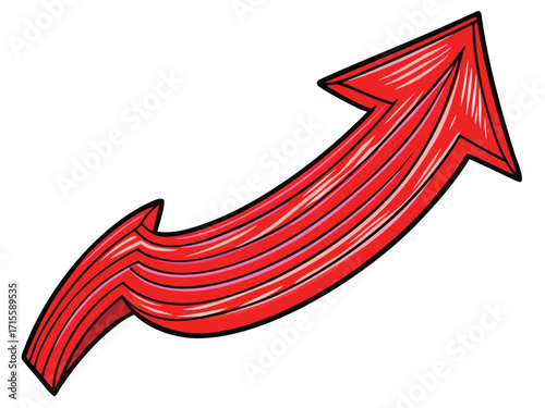 Red arrow pointing upwards with striped texture and black outline direction symbol