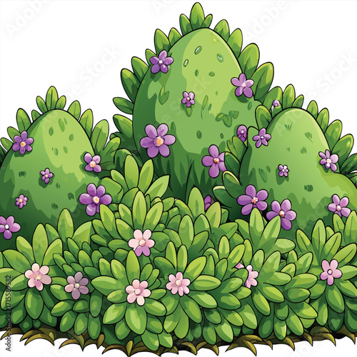 Lush green bushes adorned with delicate purple and pink blossoms purple flowers pink flowers