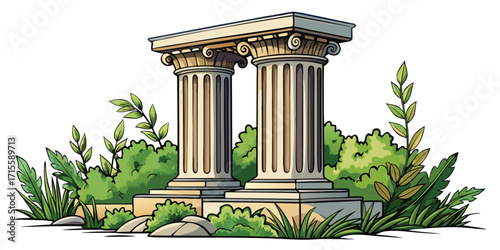 Ancient greek ionic columns surrounded by lush green foliage and rocks pillars