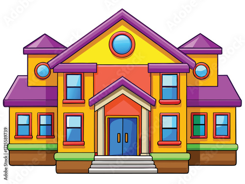 Colorful cartoon building with purple roof and yellow walls vector