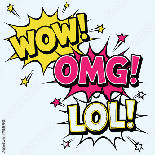 Exciting Exclamations Wow OMG LOL Speech Bubbles Pop Art Style
