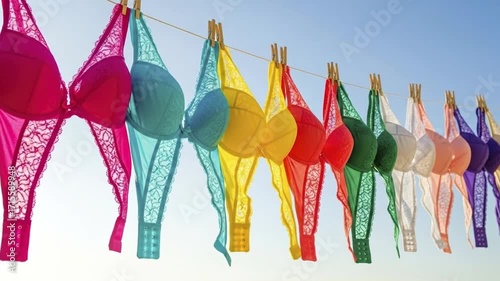 A vibrant collection of colorful lace bras hangs on a clothesline, drying in the bright sunshine against a clear blue sky. The rainbow of lingerie creates a cheerful display, symbolizing femininity, c