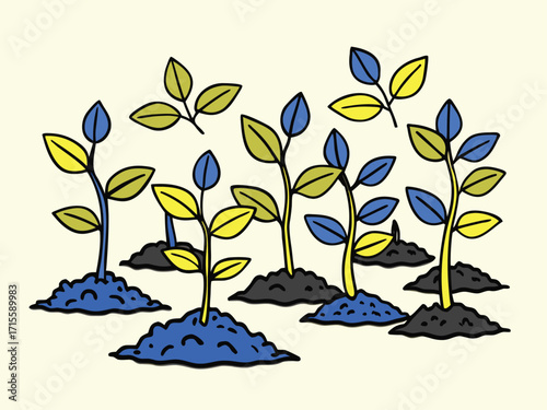Sprouts growing from soil with blue and yellow leaves plants dirt