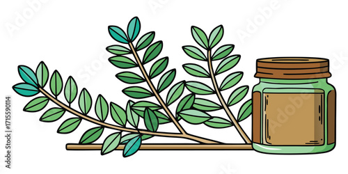 Green leaves on branches beside a jar with a brown lid and label vector