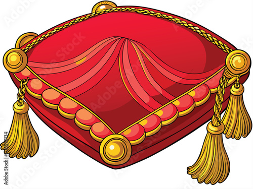 Ornate red velvet cushion with gold trim and tassels vector